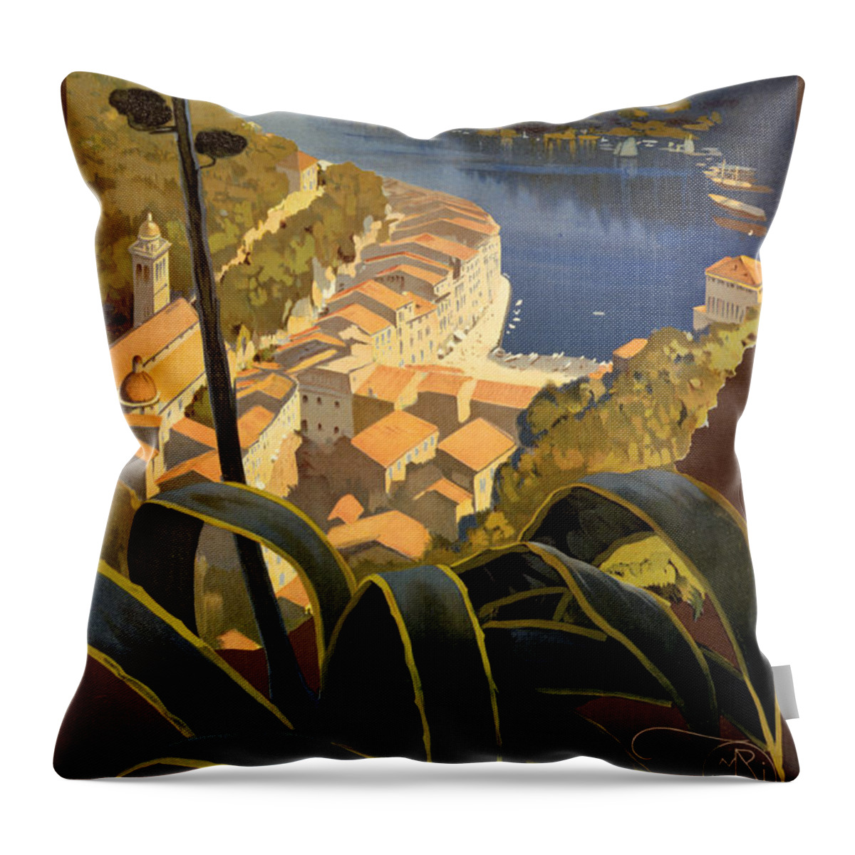 Riviera Throw Pillow featuring the painting La Riviera Italienne Vintage Travel Poster Restored by Vintage Treasure