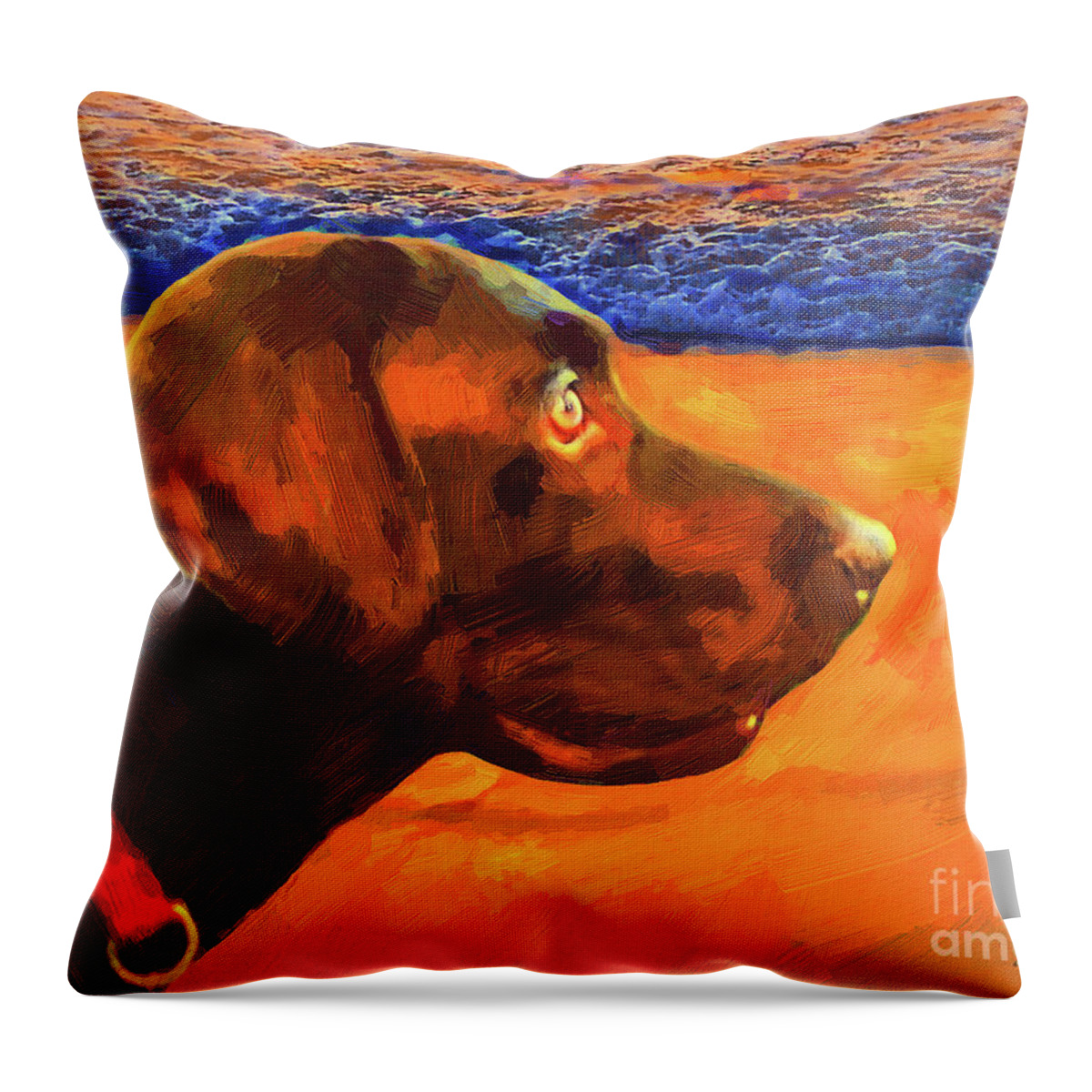 Labrador On The Beach At Sunset. Art Of Joseph J. Stevens Throw Pillow featuring the painting Lab at Sunset by Joseph J Stevens
