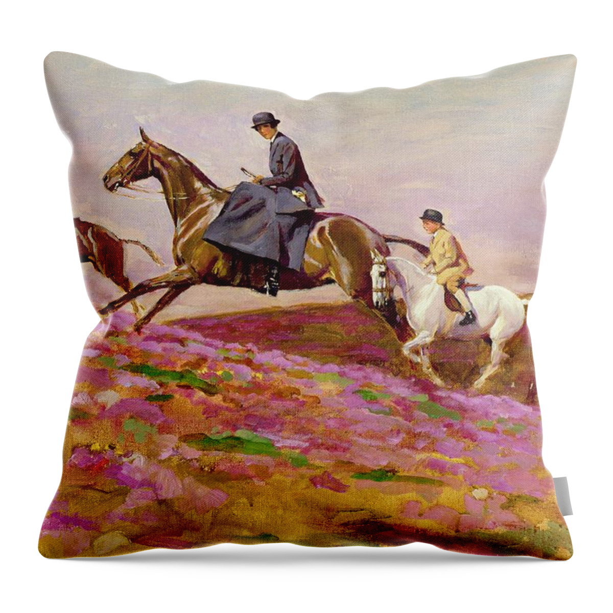 Mother; Children; Sidesaddle; Pony; Galloping; Cornwall Throw Pillow featuring the painting Lady Currie with Her Sons Bill and Hamish Hunting on Exmoor by Cecil Charles Windsor Aldin 