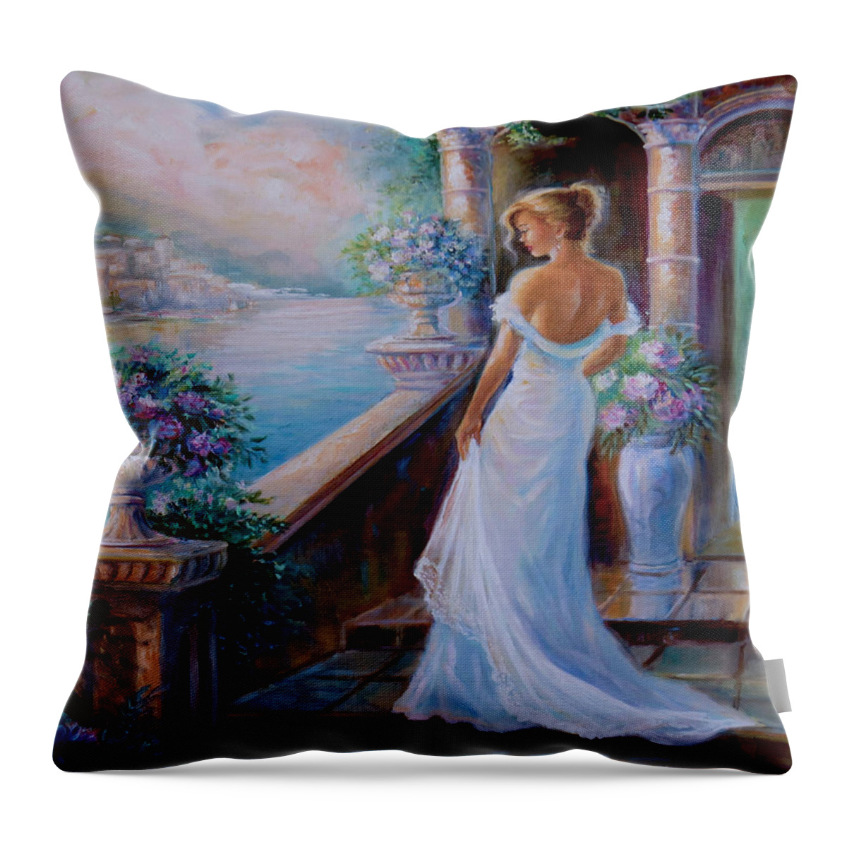 Figurative Art By Gina Femrite Throw Pillow featuring the painting Lady in blue by Regina Femrite
