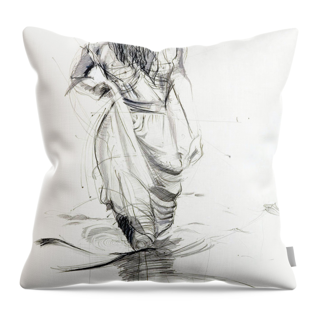 Woman Throw Pillow featuring the drawing Lady in the Waters by Kerryn Madsen-Pietsch