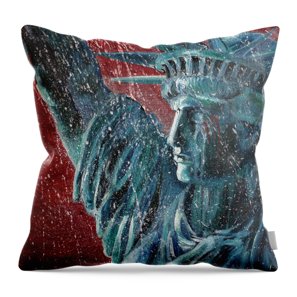 Lady Liberty Throw Pillow featuring the painting Lady Liberty in the Rain by Alan Schwartz