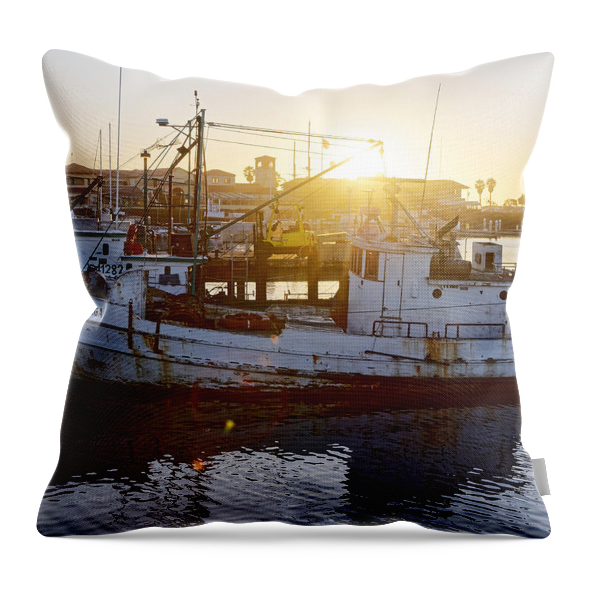Darin Volpe Ships And Boats Throw Pillow featuring the photograph Lady Olga - Fishing Boat at Ventura, California by Darin Volpe