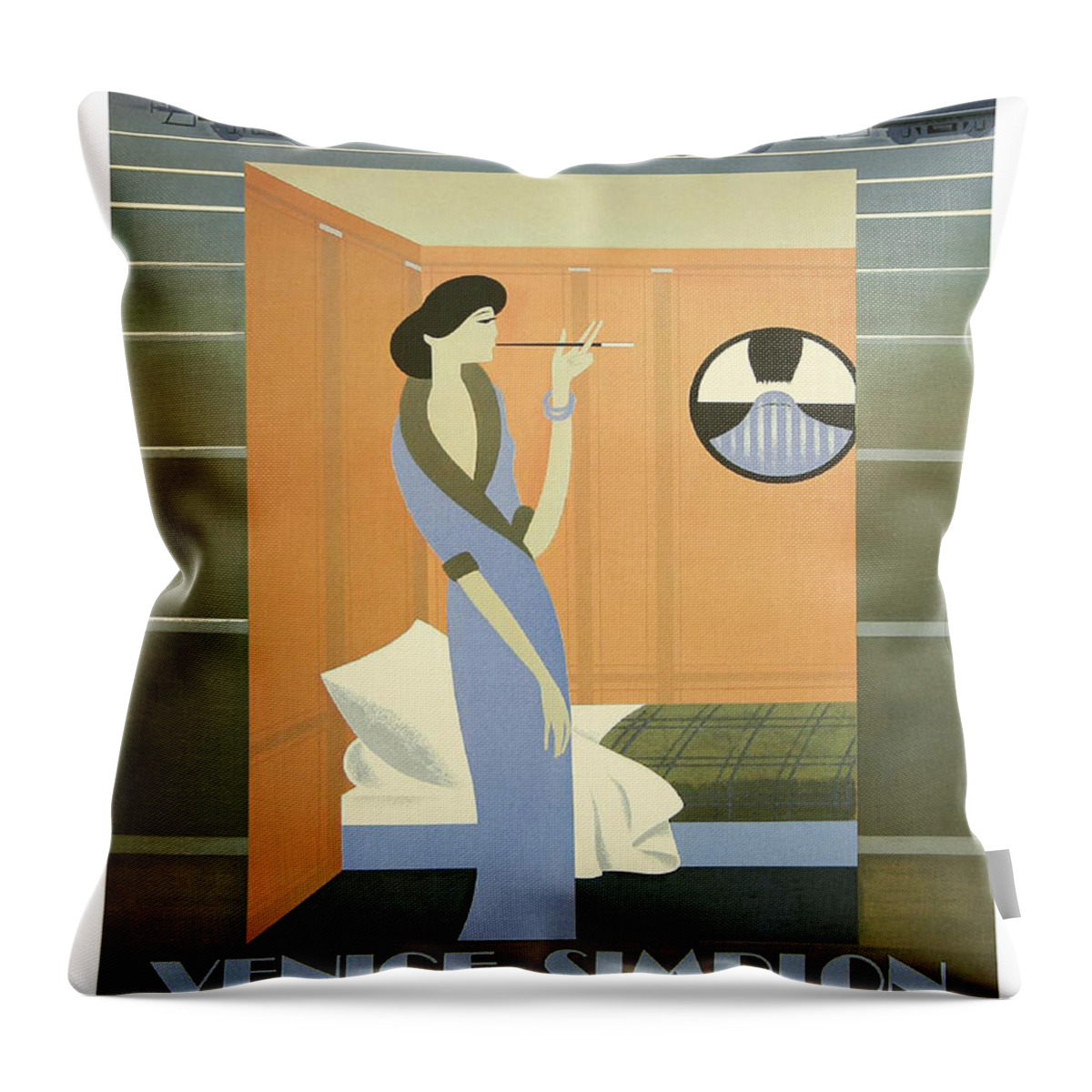 Lady Throw Pillow featuring the painting Lady smoking in couchette, railway poster by Long Shot