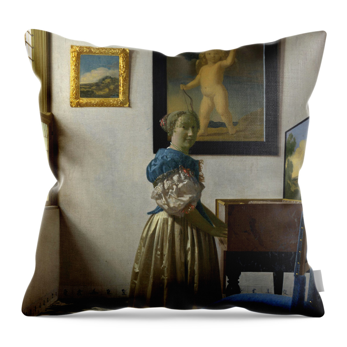 Johannes Vermeer Throw Pillow featuring the painting Lady Standing At A Virginal by Johannes Vermeer