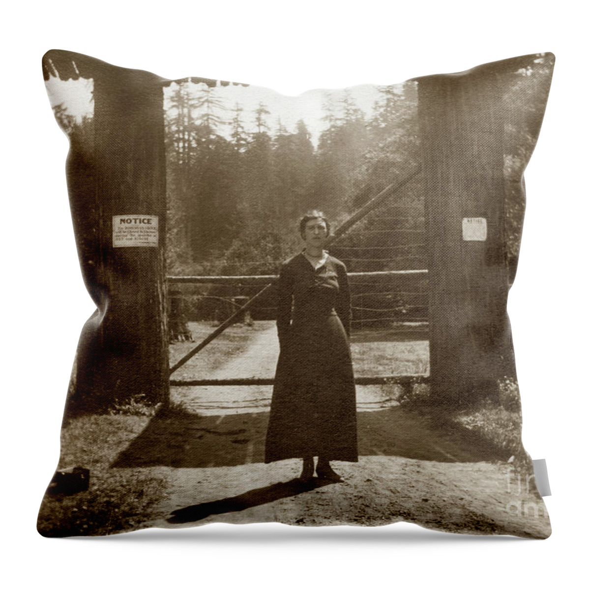 Lady Throw Pillow featuring the photograph Lady standing on front of Gate to Bohemian Grove Circa 1920 by Monterey County Historical Society