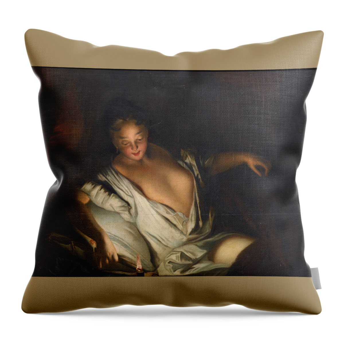 Circle Of Jean-baptiste Santerre Throw Pillow featuring the painting Lady with an open Decollete reclining on a bed lighting a Candle by Circle of Jean-Baptiste Santerre