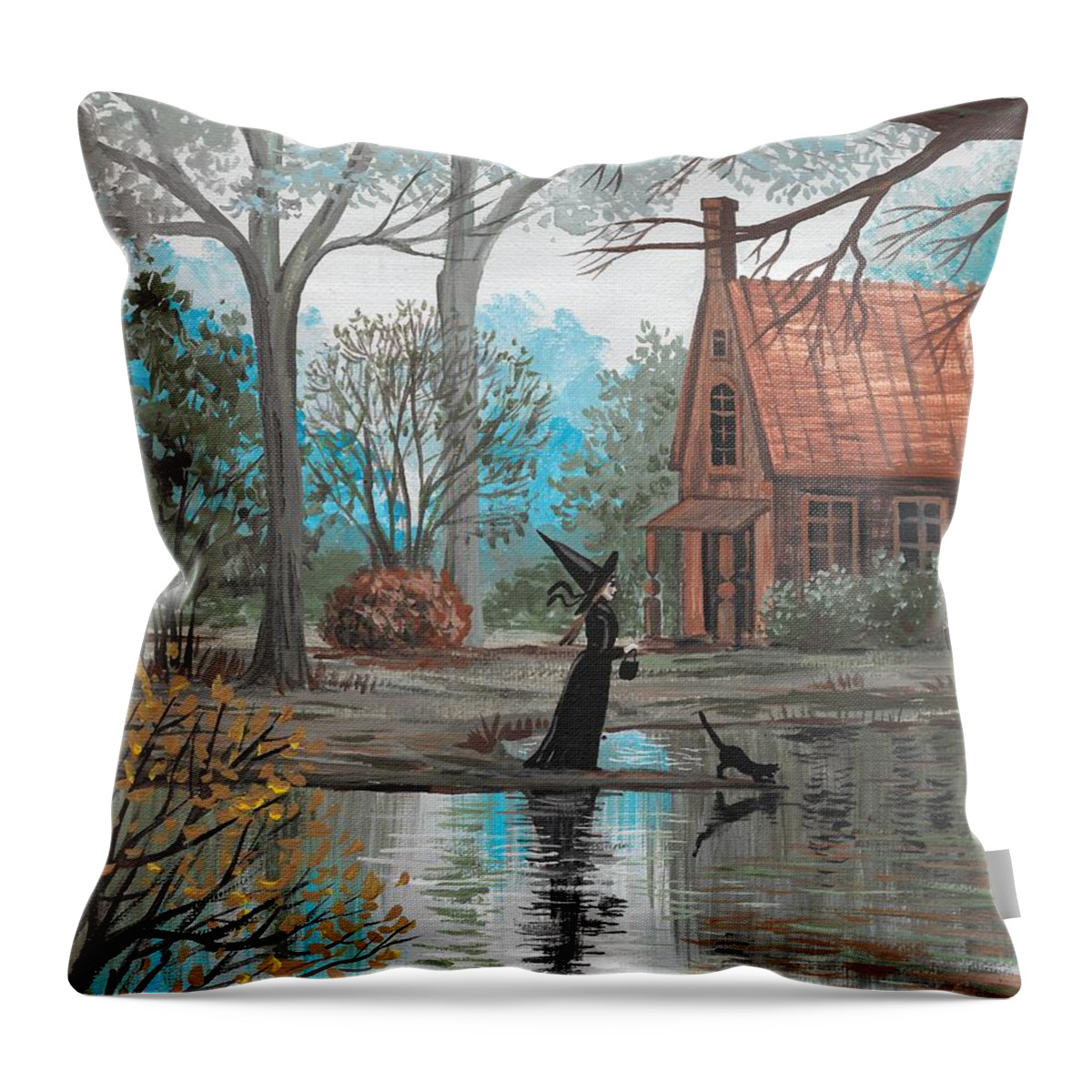 Print Throw Pillow featuring the painting Lake Bewitched by Margaryta Yermolayeva