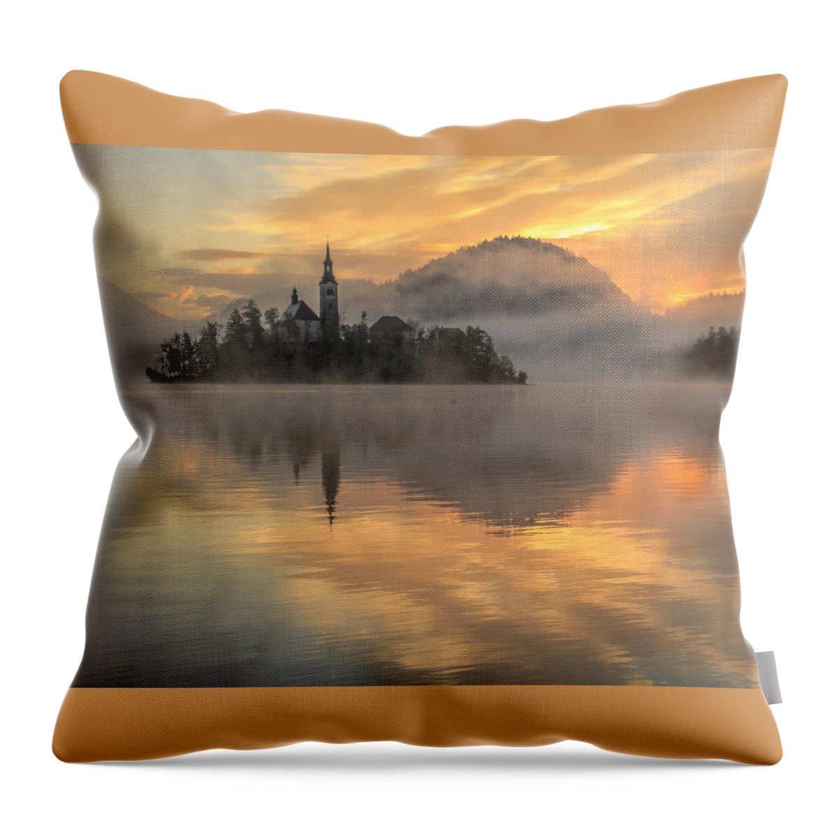 Slovenia Throw Pillow featuring the photograph Lake Bled Sunrise Slovenia by Tom and Pat Cory