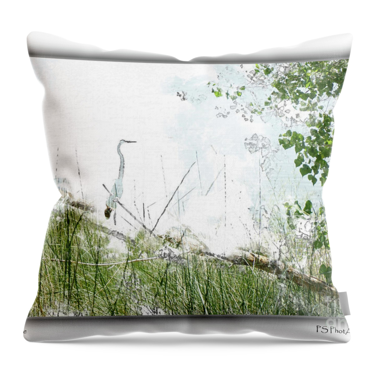Crane Throw Pillow featuring the digital art Lake Crane by Deb Nakano