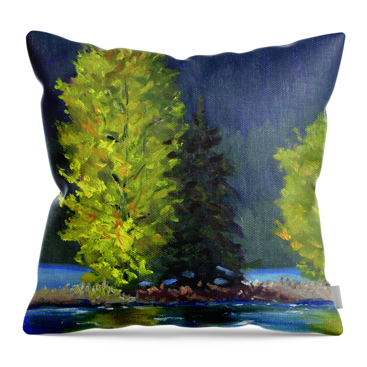 Lake Cushman Throw Pillow featuring the painting Lake Cushman Trees by Nancy Merkle