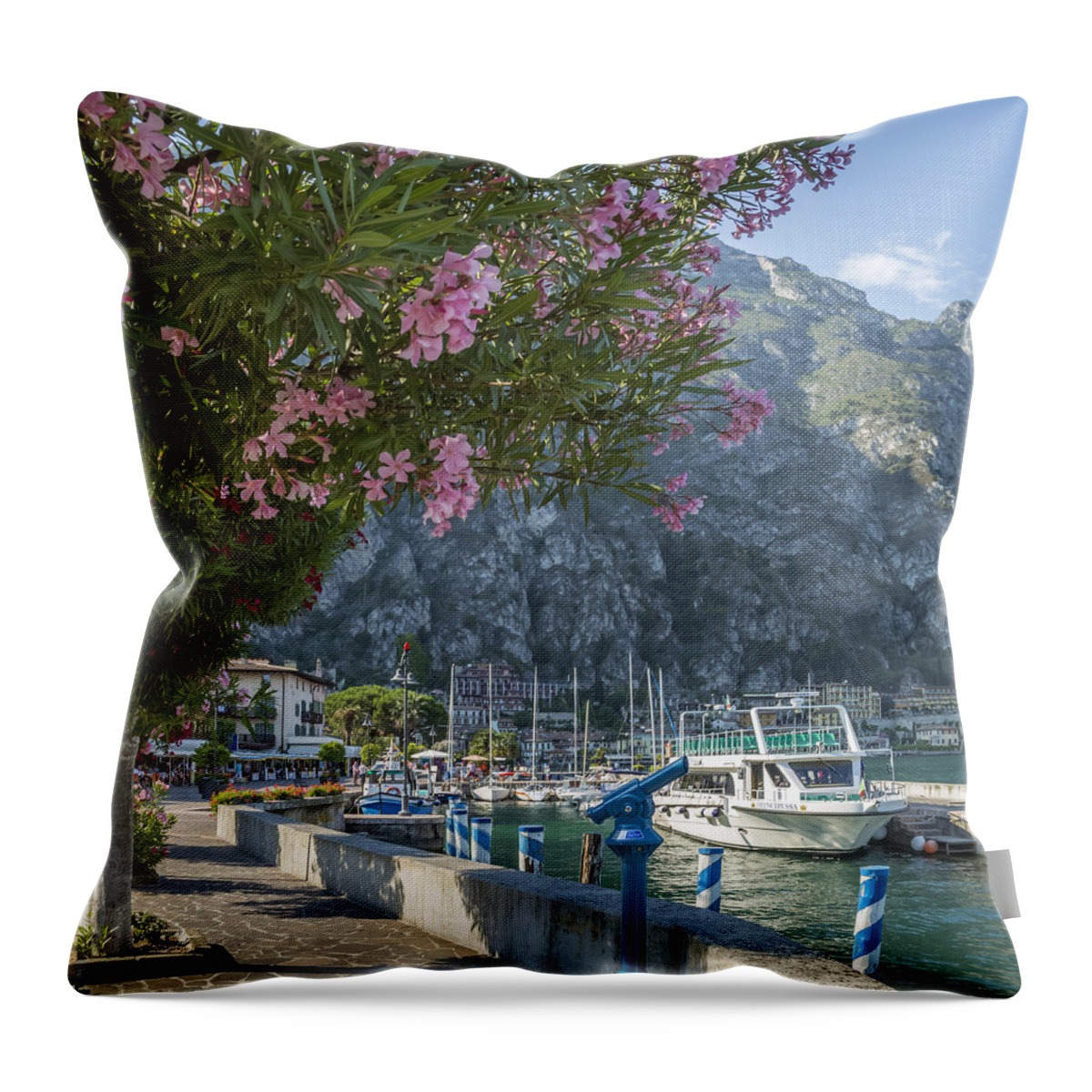 Lake Garda Throw Pillow featuring the photograph LAKE GARDA Harbour and Riverside in Limone sul Garda by Melanie Viola