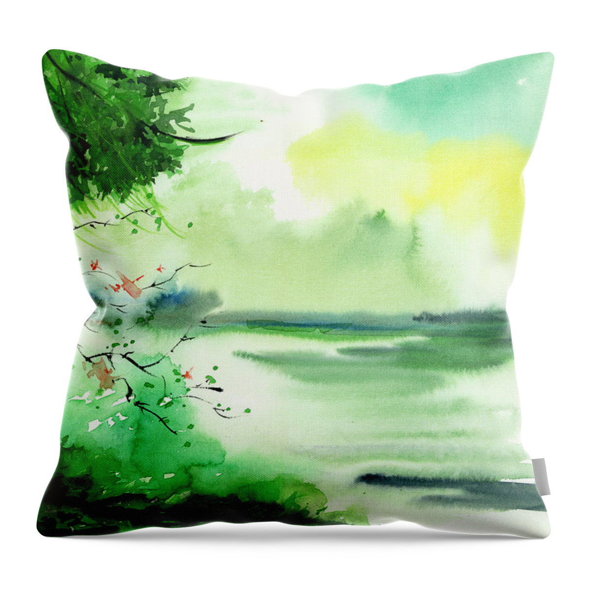 Water Throw Pillow featuring the painting Lake in clouds by Anil Nene