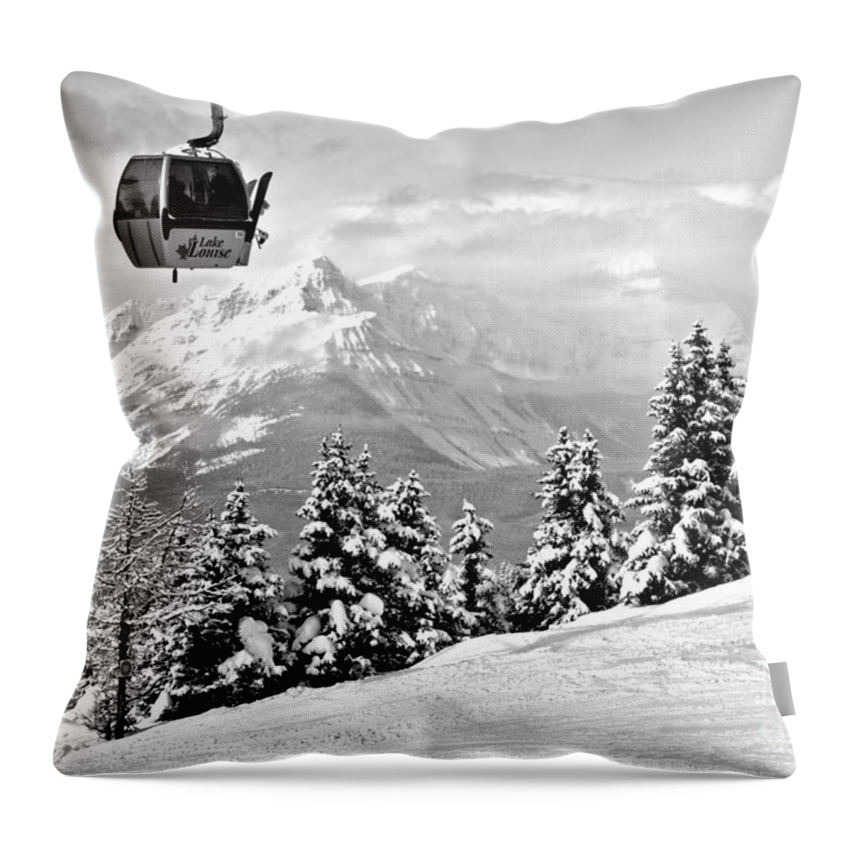 Lake Louise Throw Pillow featuring the photograph Lake Louise Gondola Over The Snow Ghosts Black And White by Adam Jewell