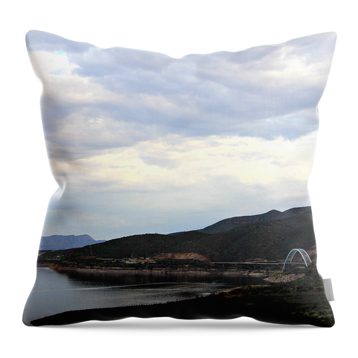 Landscape Throw Pillow featuring the photograph Lake Roosevelt Bridge 1 by Matalyn Gardner