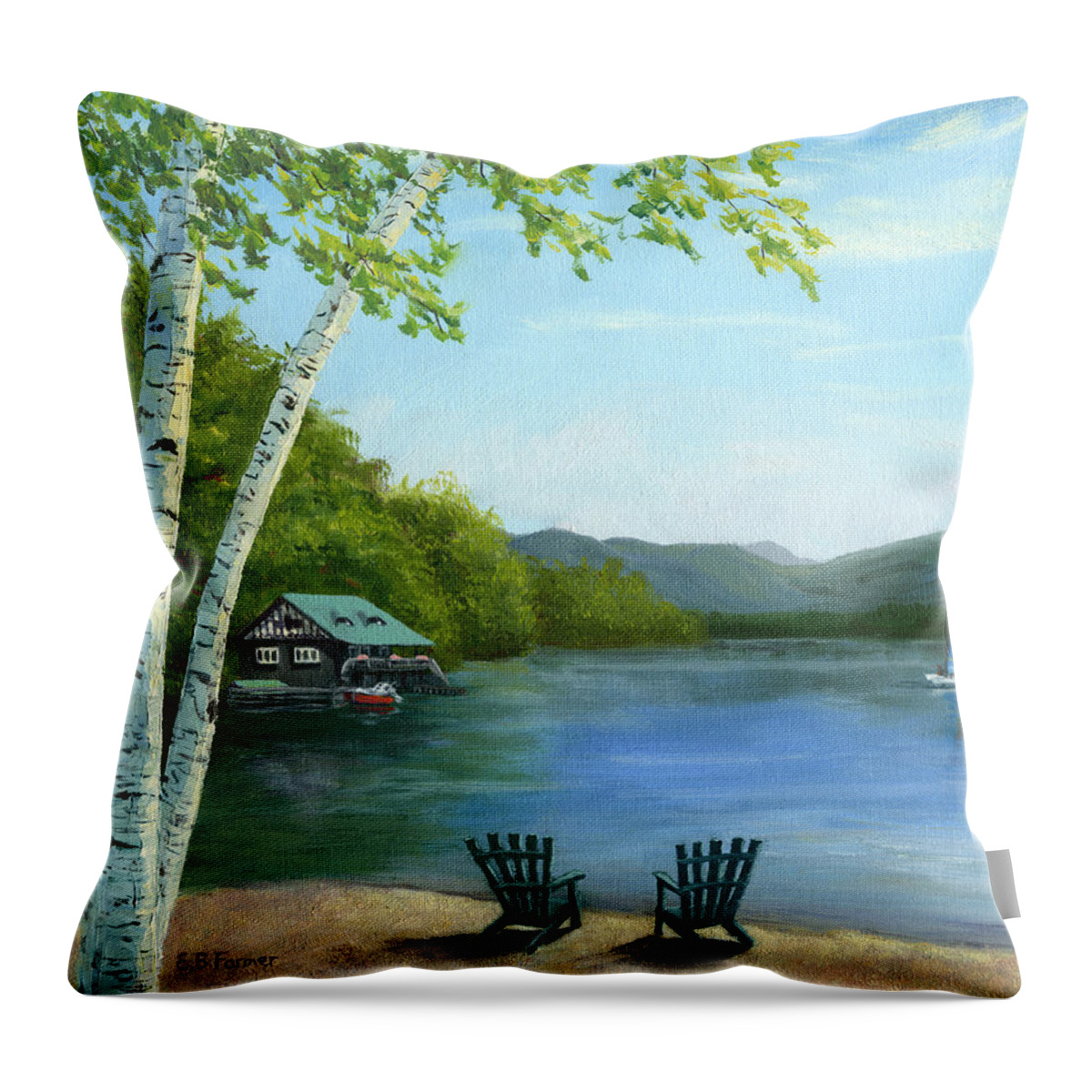 Lake Throw Pillow featuring the painting Lake Saranac Boat House by Elaine Farmer