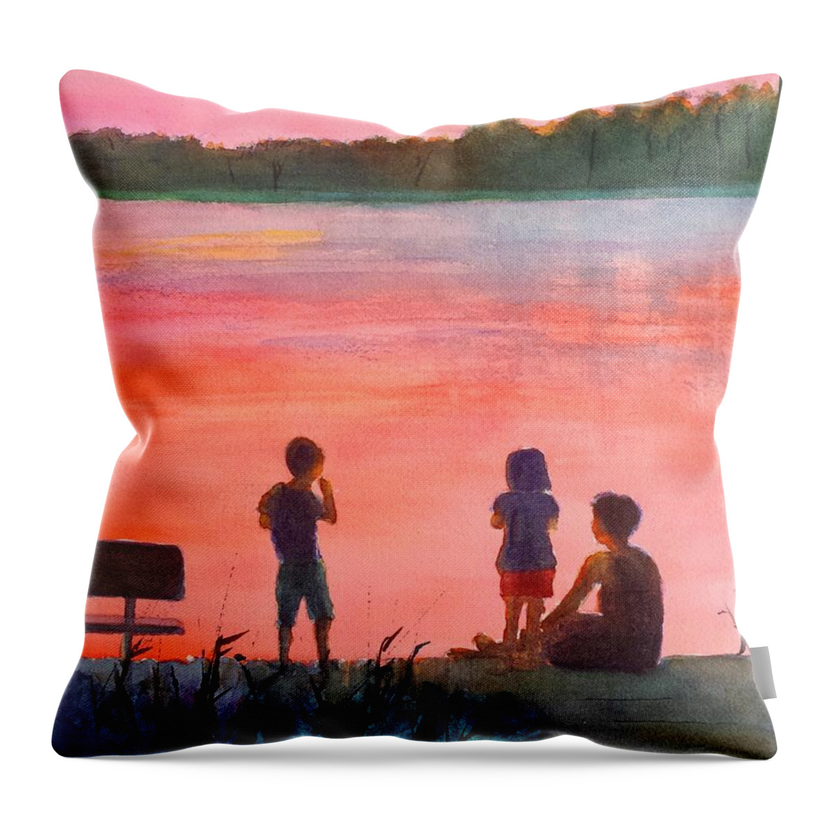 Sunset Throw Pillow featuring the painting Lake Sunset with Family by Carlin Blahnik CarlinArtWatercolor