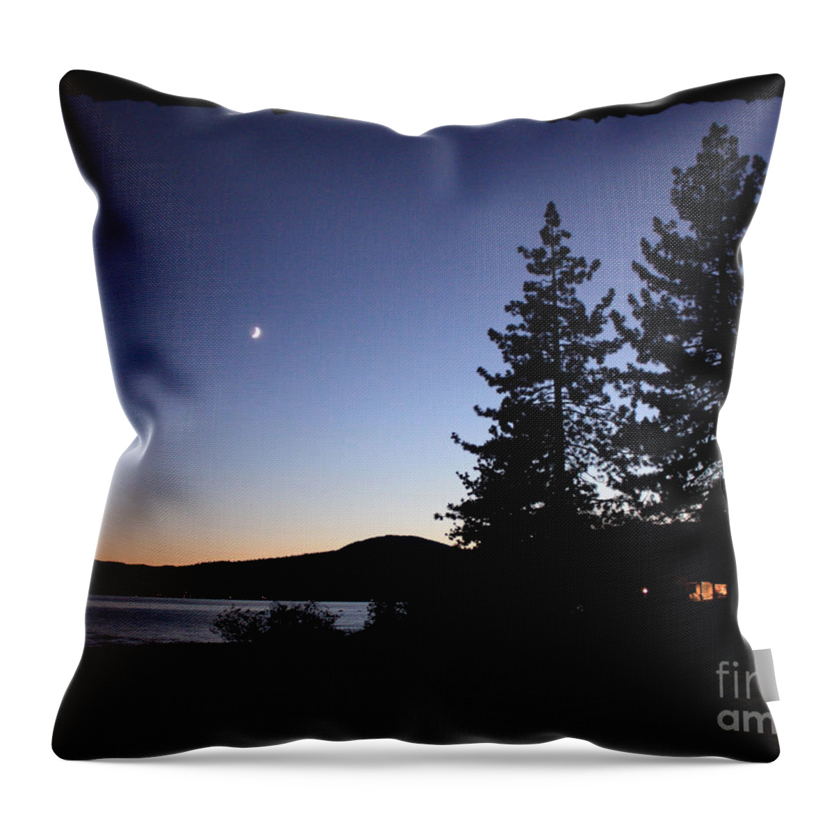 Lake Tahoe Sunset Throw Pillow featuring the photograph Lake Tahoe Sunset with Trees and Black Framing by Carol Groenen