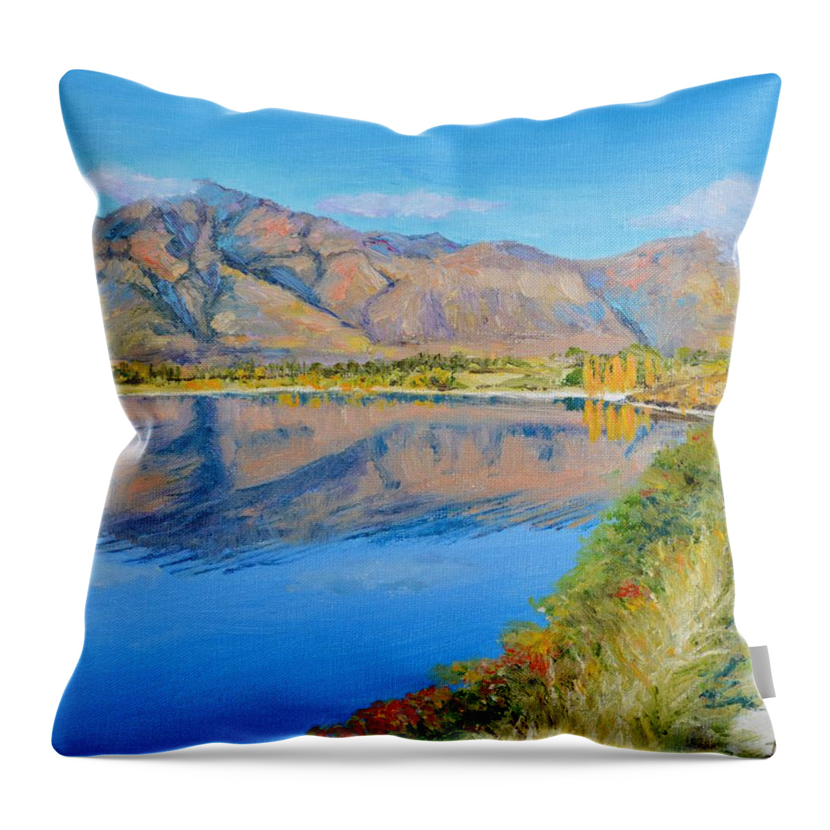 Mountains Throw Pillow featuring the painting Lake Wanaka Morning Reflections by Dai Wynn