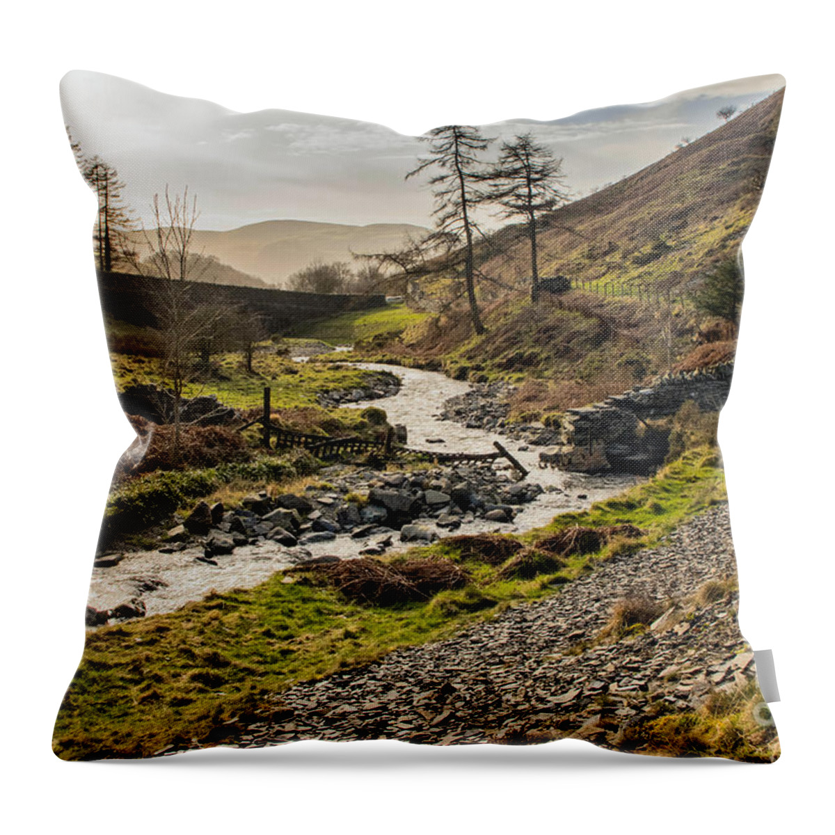 Stream - Mountains - Sky - Trees - Bridge Throw Pillow featuring the photograph Lakeland Stream by Chris Horsnell