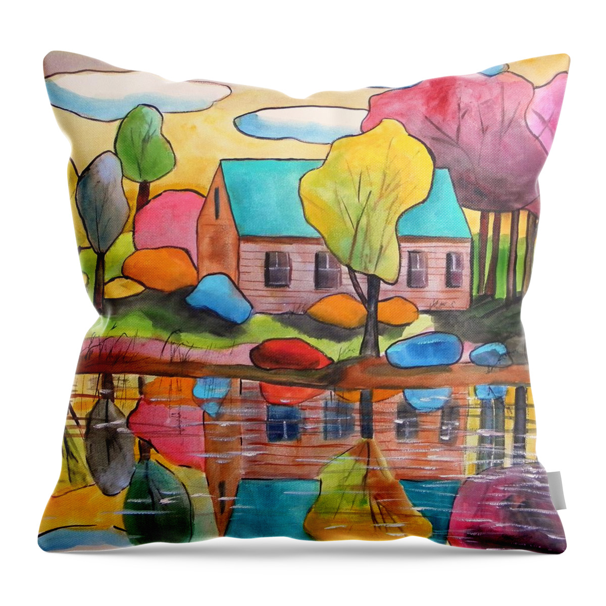 Landscape Throw Pillow featuring the painting Lakeside Dream House by John Williams