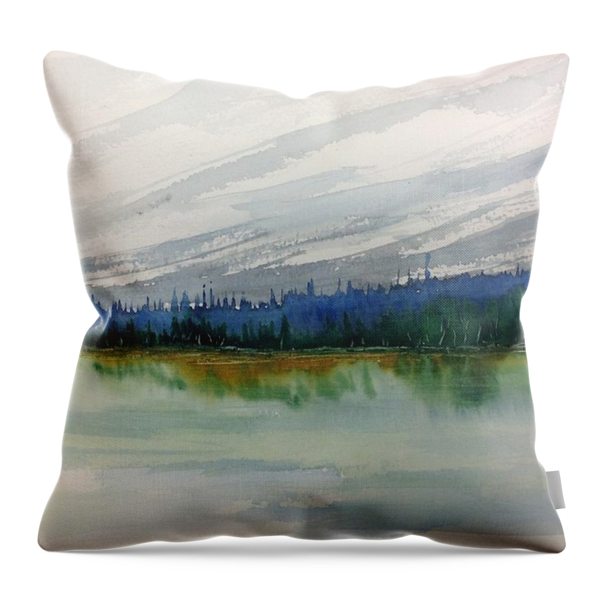 Watercolour Landscape Painting Throw Pillow featuring the painting Lakeside - Mountain Foothill - Banff by Desmond Raymond