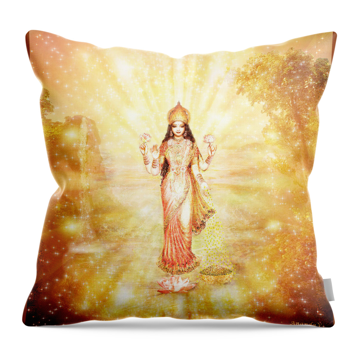 Devi Painting Throw Pillow featuring the mixed media Lakshmi with the Waterfall - light by Ananda Vdovic