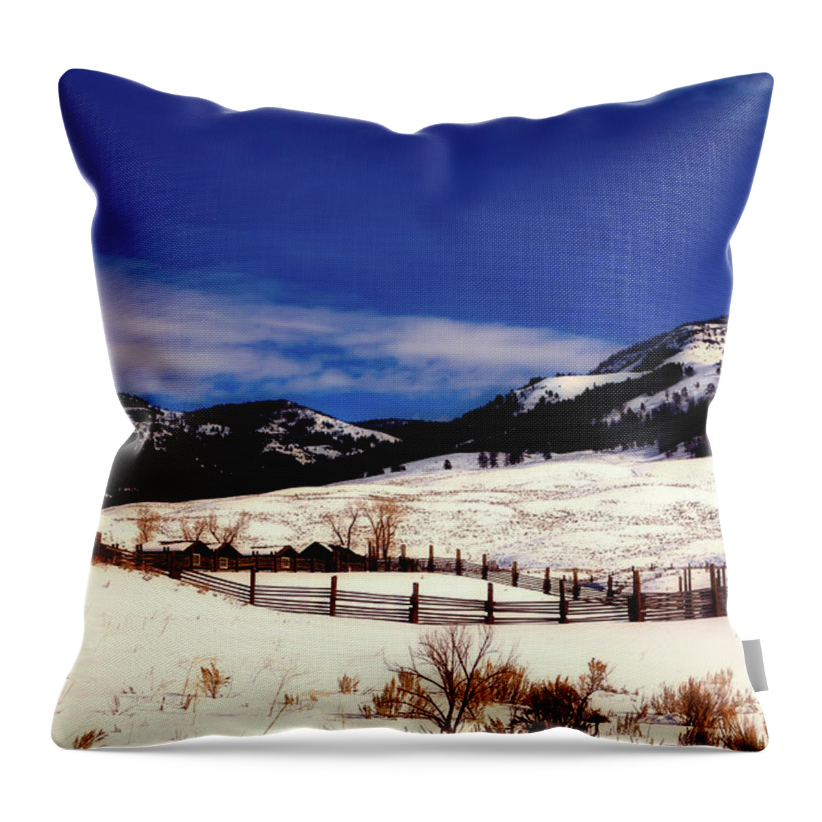 Yellowstone Throw Pillow featuring the photograph Lamar Ranger Station In Winter - Yellowstone by Mountain Dreams