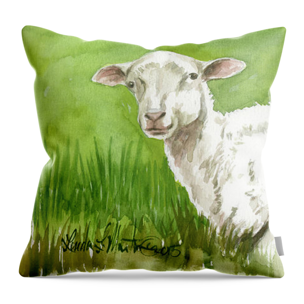 Sheep Throw Pillow featuring the painting Lamb in Spring by Linda L Martin