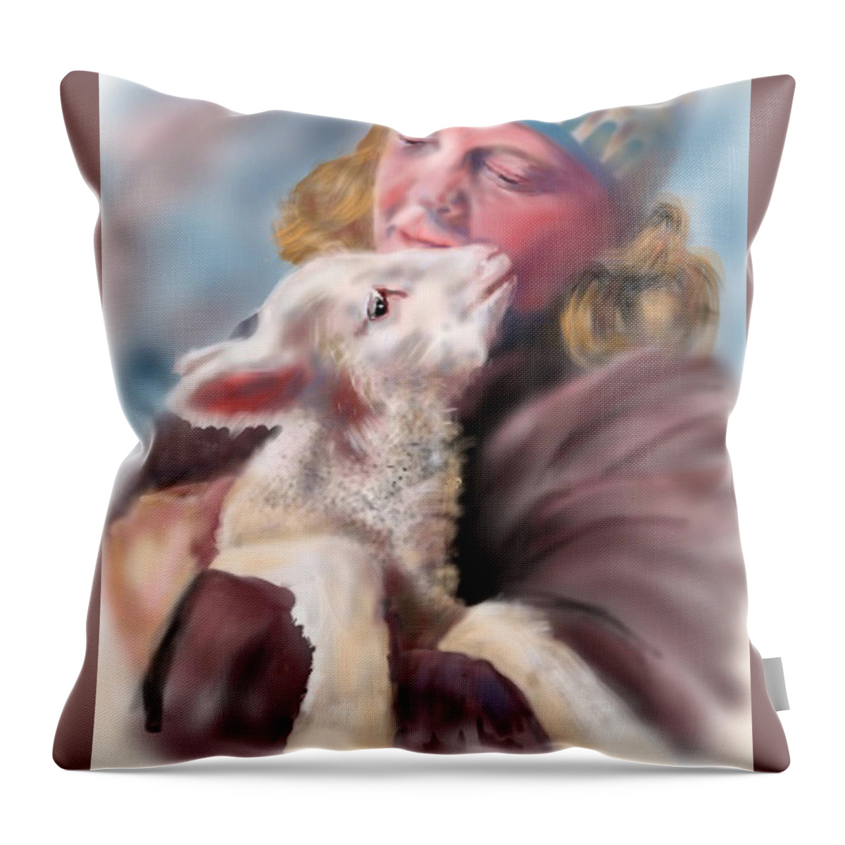 Spring Throw Pillow featuring the painting Lambie Love by Susan Sarabasha