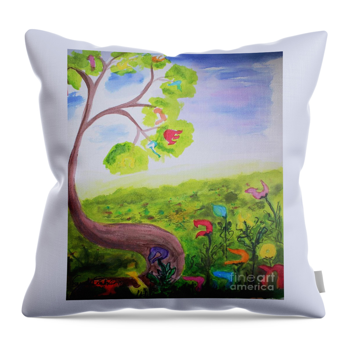 Lamed Learning Tree Lamed Learning To Learn To Teach Hagigah Rashi Tower Flying Air Talmud Judaica Hebrew Letters Jewish Throw Pillow featuring the painting Lamed Learning Tree by Hebrewletters SL
