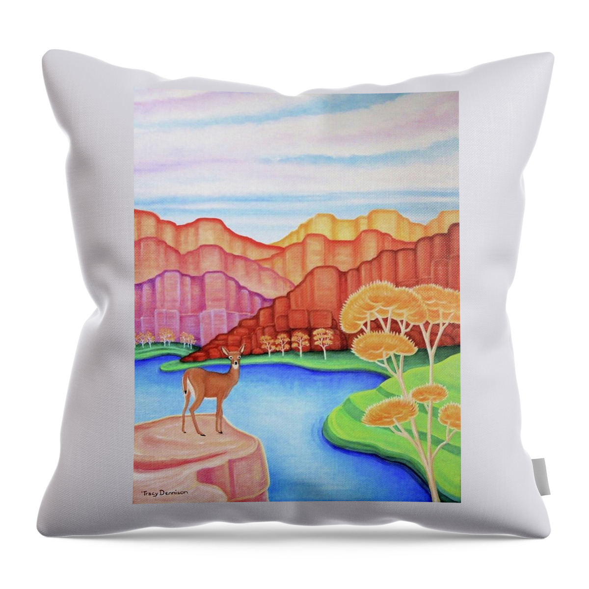 White Tailed Deer Southwest River Landscape Throw Pillow featuring the painting Land of Enchantment by Tracy Dennison