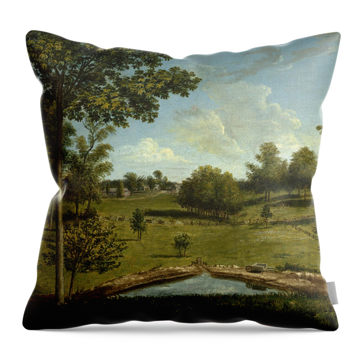 Charles Willson Peale Throw Pillow featuring the painting Landscape Looking Toward Sellers Hall from Mill Bank by Charles Willson Peale
