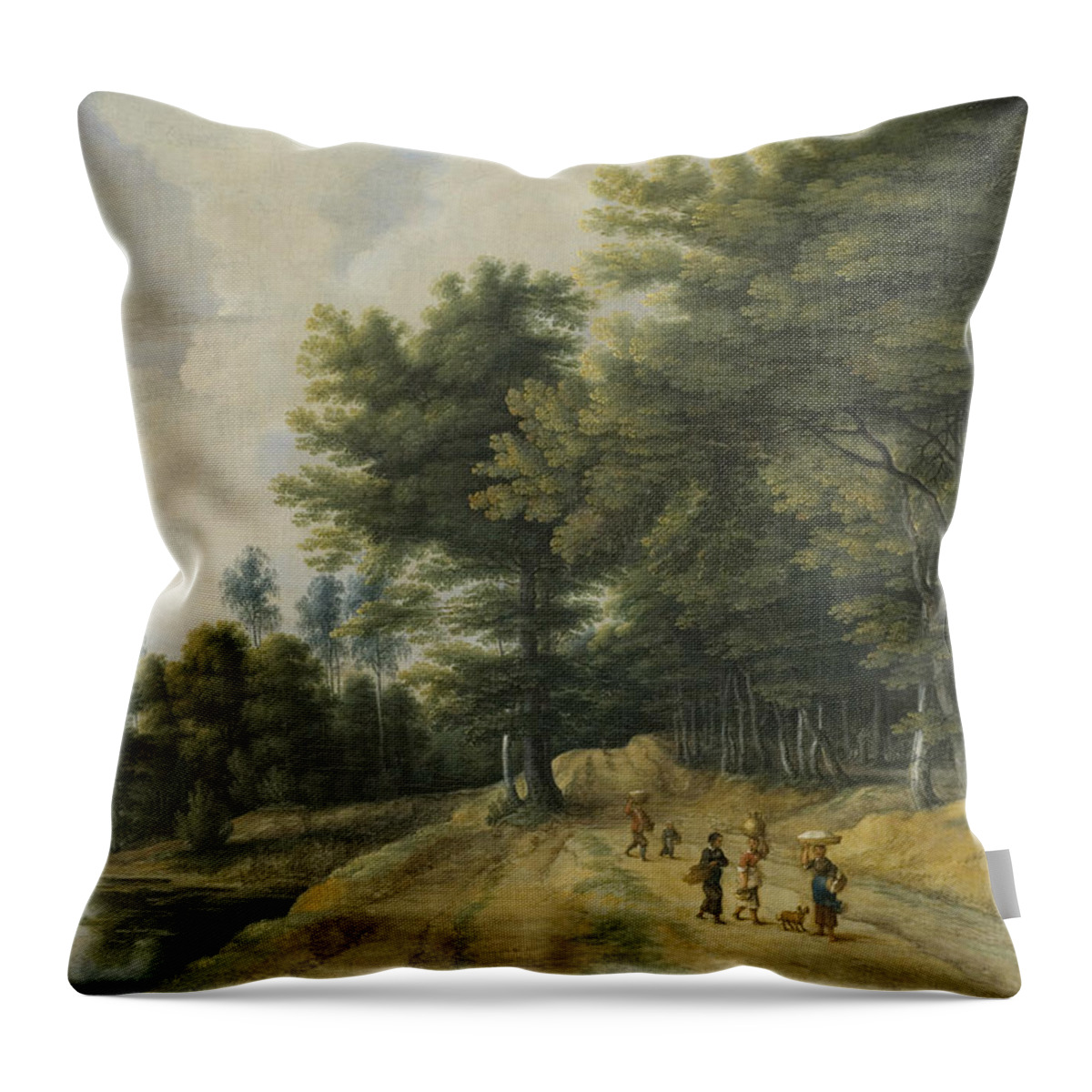 17th Century Art Throw Pillow featuring the painting Landscape with a Road through a Wood of Beeches by Lucas van Uden