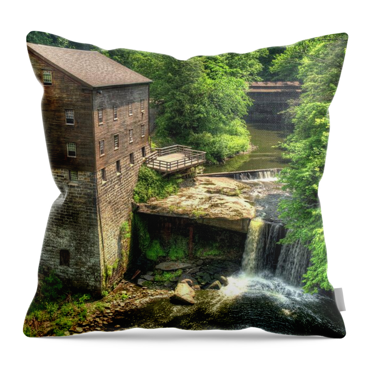 Lantermans Mill Throw Pillow featuring the photograph Lanterman's Mill and Covered Bridge - Youngstown Ohio by Gregory Ballos