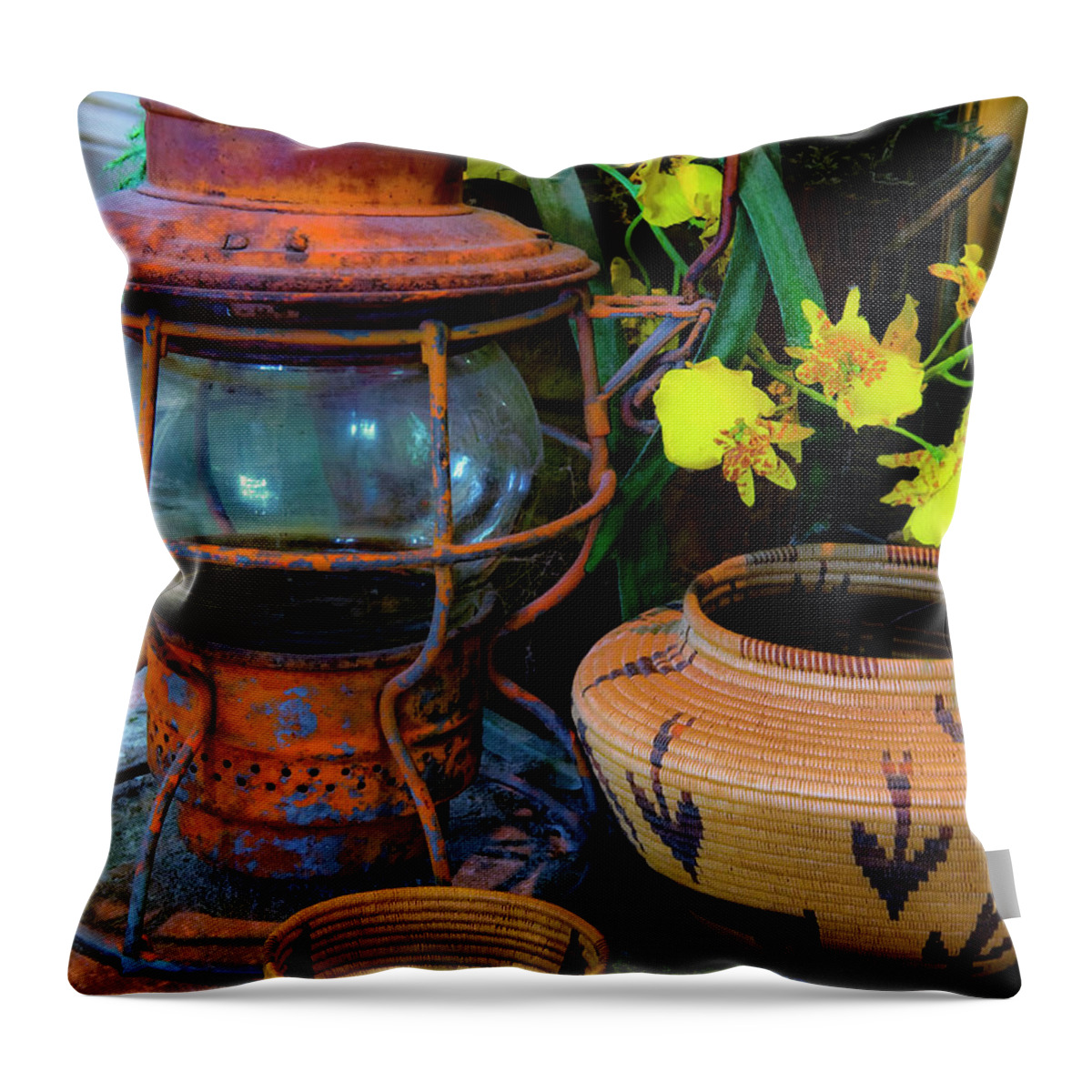 Lantern Throw Pillow featuring the photograph Lantern with Baskets by Stephen Anderson