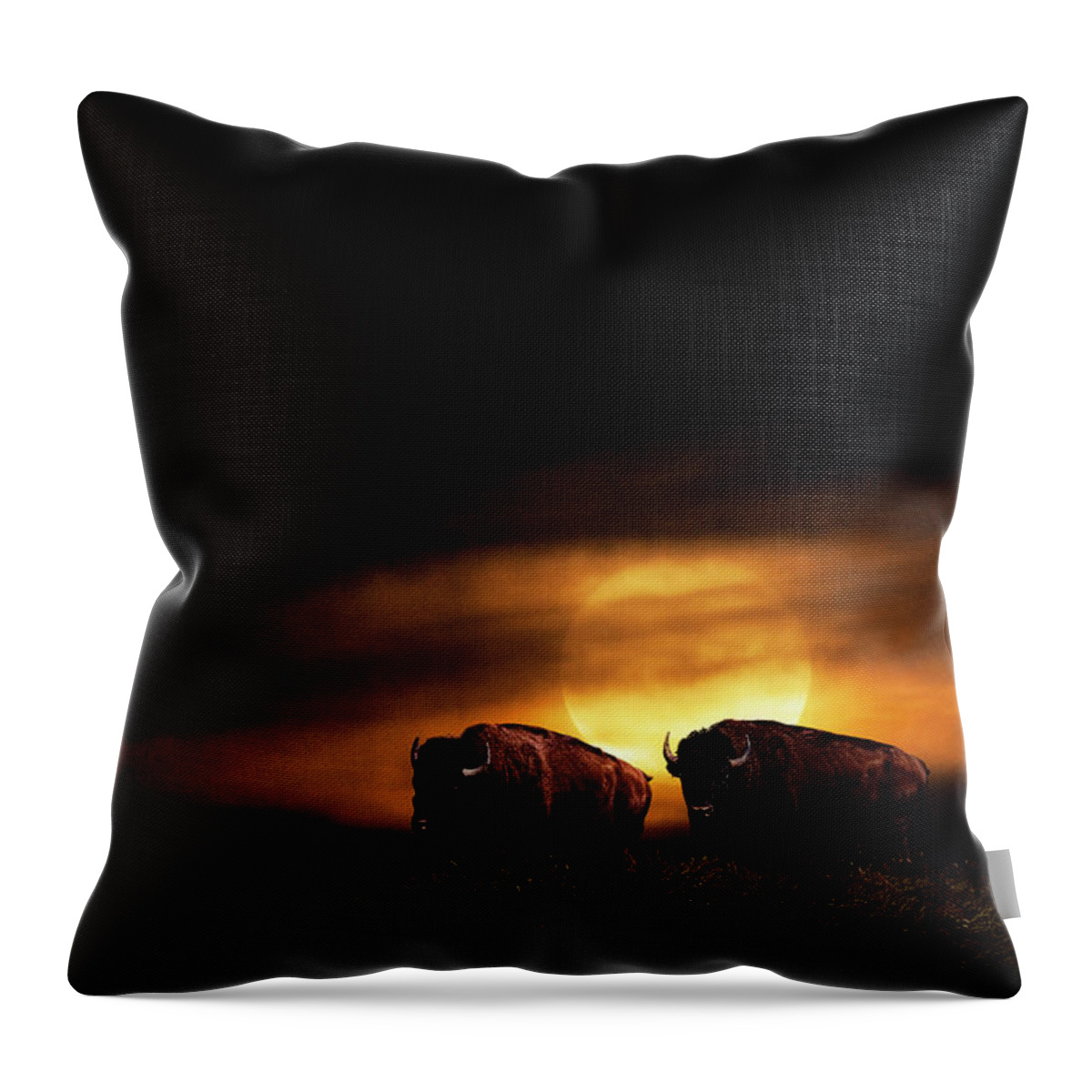 Bison Throw Pillow featuring the photograph Large Orange Moon Rise with Buffalo by Randall Nyhof