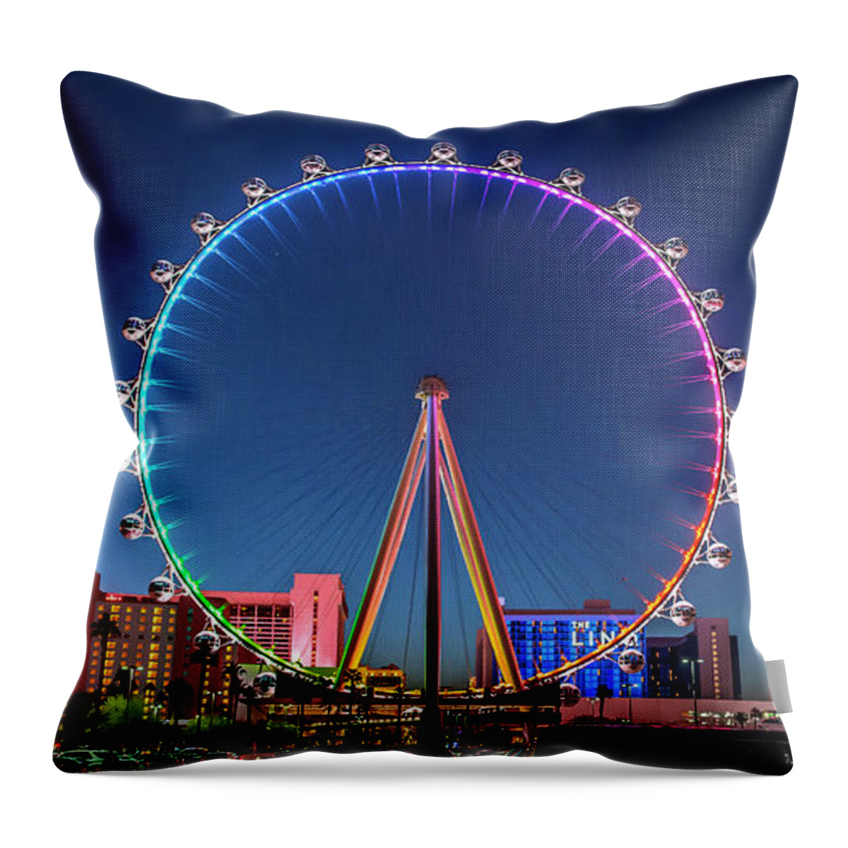 High Roller Las Vegas Throw Pillow featuring the photograph Las Vegas High Roller at Dusk Rainbow Colors Wide 2 by Aloha Art