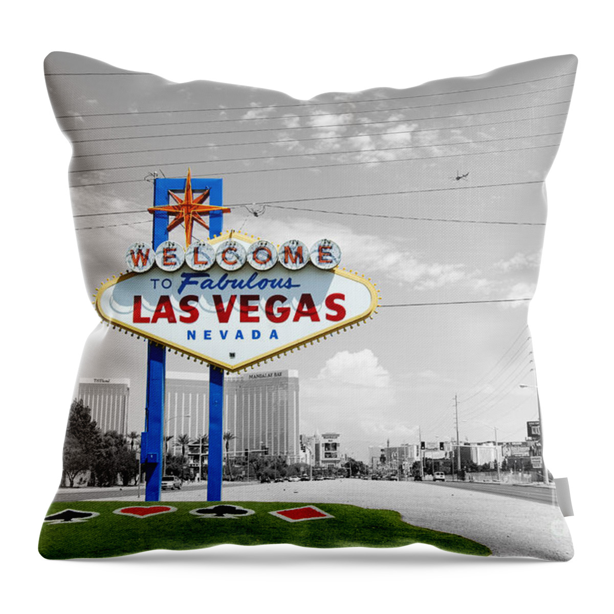 Las Vegas Throw Pillow featuring the photograph Las Vegas Welcome Sign Color Splash Black and White by Shawn O'Brien