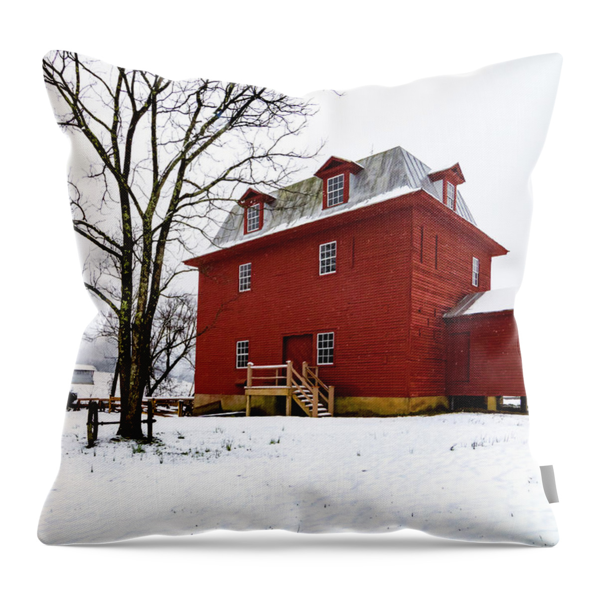 Big Otter Mill Throw Pillow featuring the photograph Last Big Otter River Mill Snowfall by Norma Brandsberg