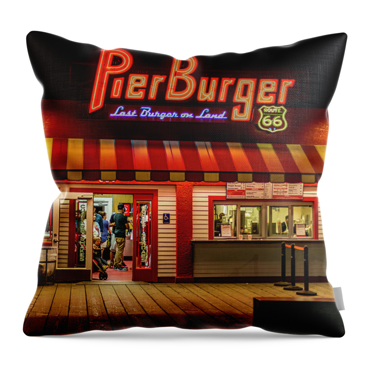 Santa Monica Pier Throw Pillow featuring the photograph Last Burger On Land by Gene Parks