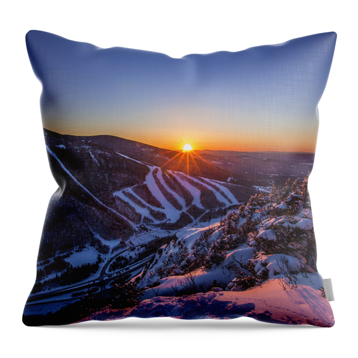 Last Winter Sunset Over Cannon Mountain Throw Pillow featuring the photograph Last Winter Sunset over Cannon Mountain by White Mountain Images