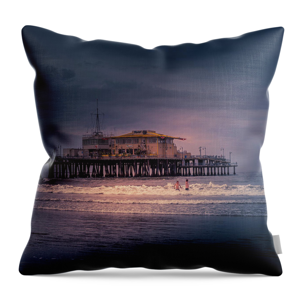 Santa Monica Pier Throw Pillow featuring the photograph Late Evening Swim by Gene Parks
