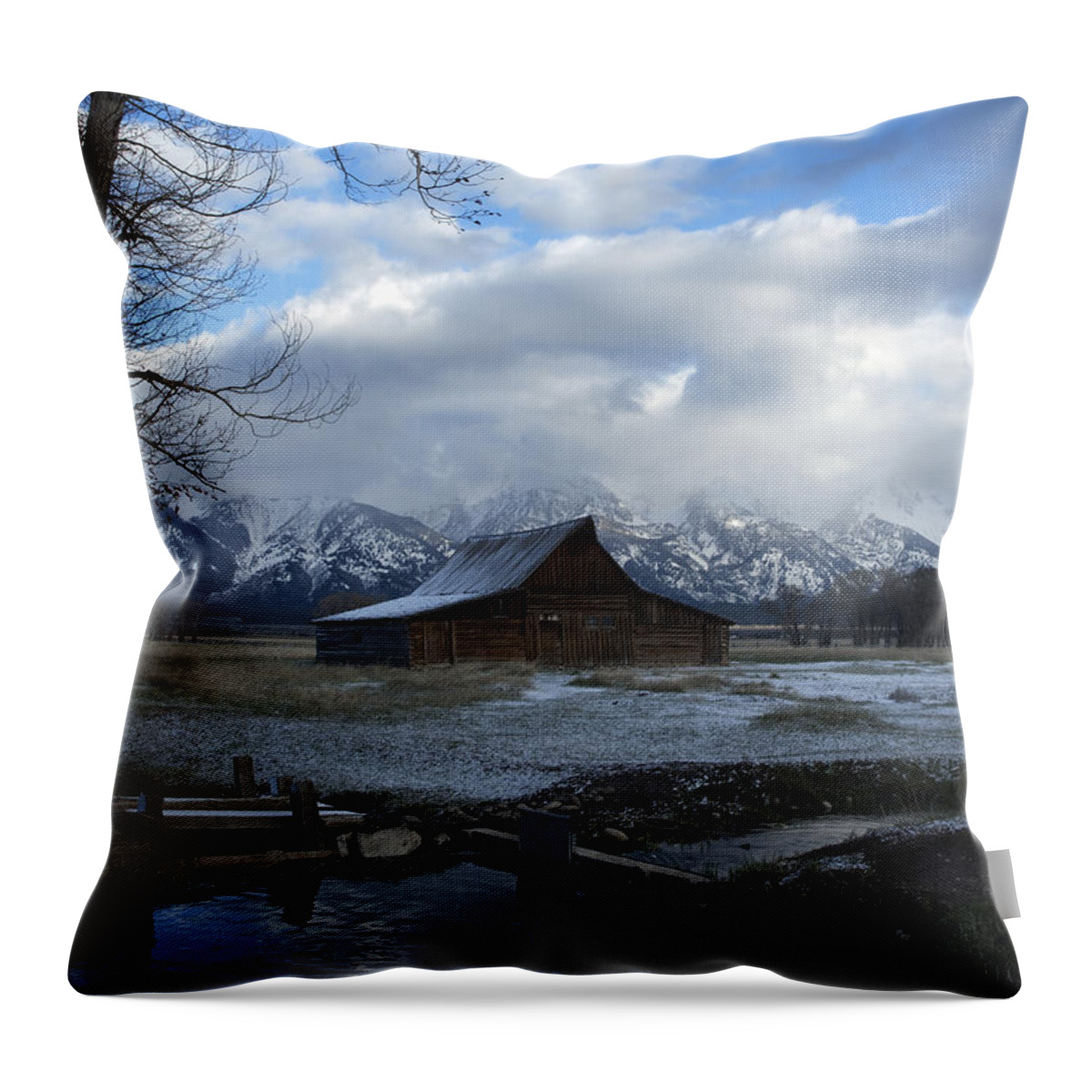 Late Snow Throw Pillow featuring the photograph Late Snow on South Moulton barn by Gary Langley