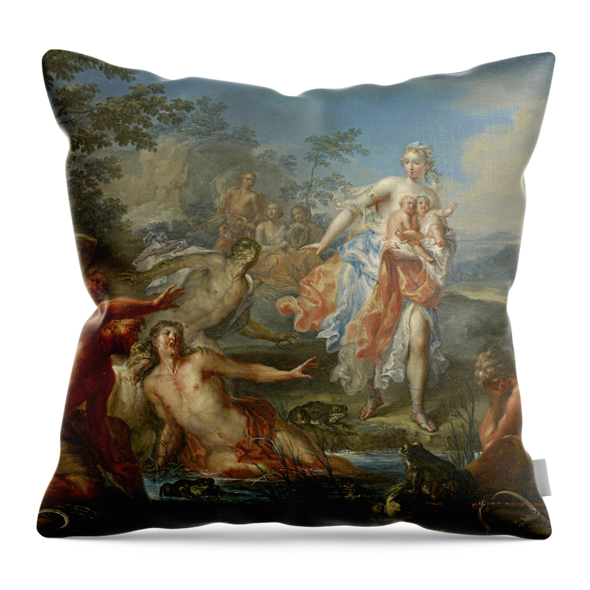 Johann Georg Platzer Throw Pillow featuring the painting Latona turning the Lycian peasants into frogs by Johann Georg Platzer