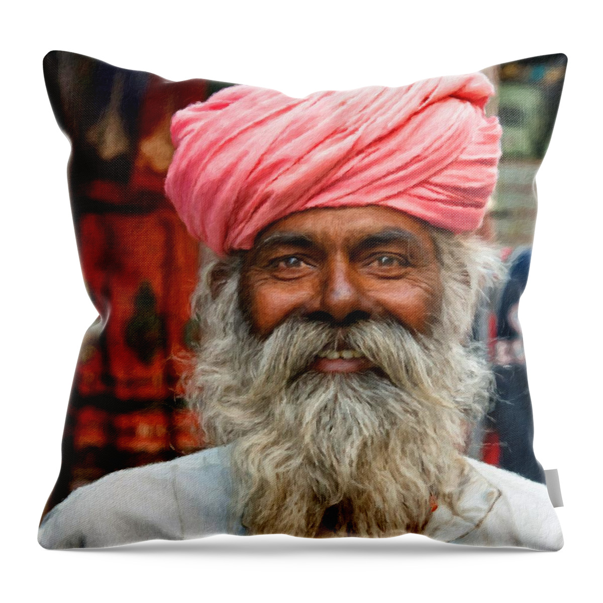 Laughing Man Throw Pillow featuring the painting Laughing Indian man in turban by Vincent Monozlay