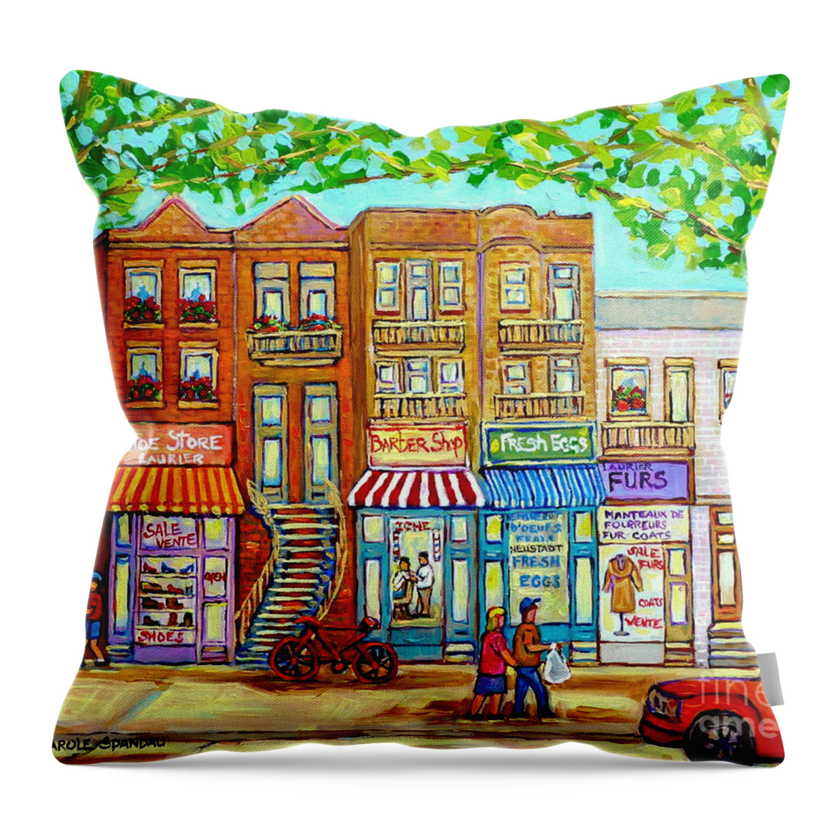 Montreal Throw Pillow featuring the painting Laurier Street Circa 1960 Montreal Memories Vintage Store Fronts Apartments Family Life Canadian Art by Carole Spandau