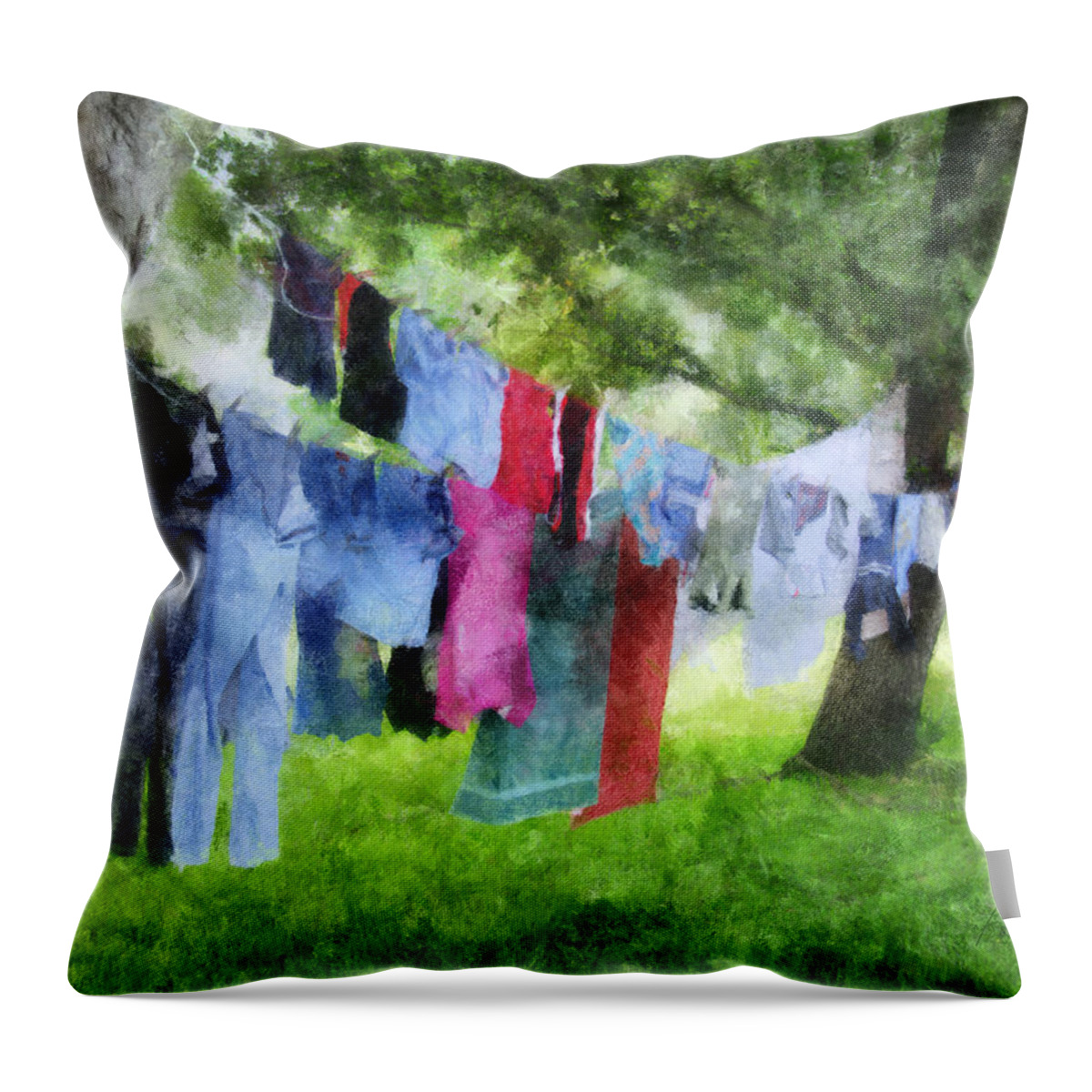 Laundry. Wash; Washing; Clothes; Line; Clothesline; Hung; Hanging; Dry; Drying; Trees; Oaks Throw Pillow featuring the digital art Laundry Line by Frances Miller