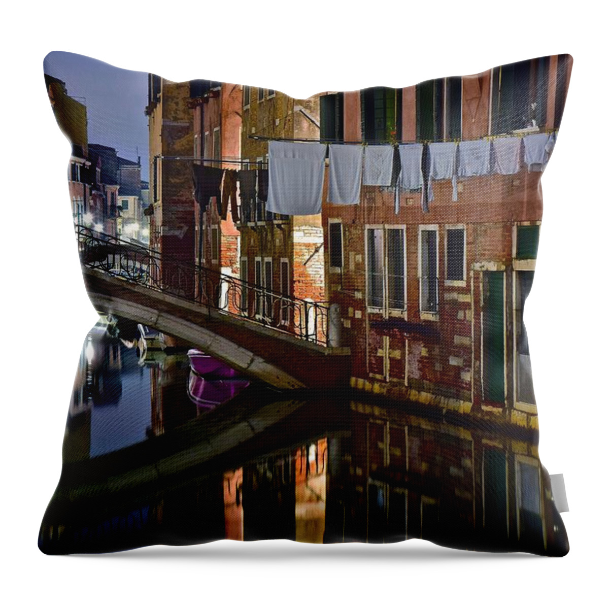 Venice Throw Pillow featuring the photograph Laundry Night by Frozen in Time Fine Art Photography