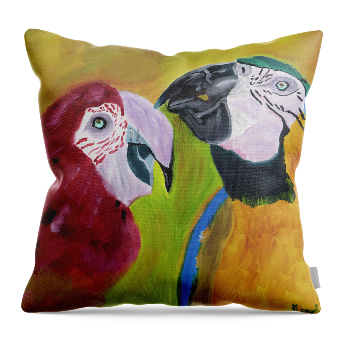 Macaw Parrots Throw Pillow featuring the painting Language of Love by Meryl Goudey